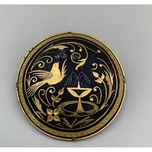 Vintage Spanish Damascene Brooch Bird And Fountain Design